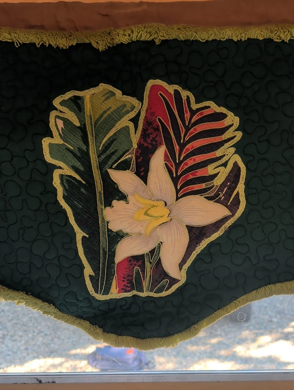 Vintage Green Floral Embroidered Valance with Fringe